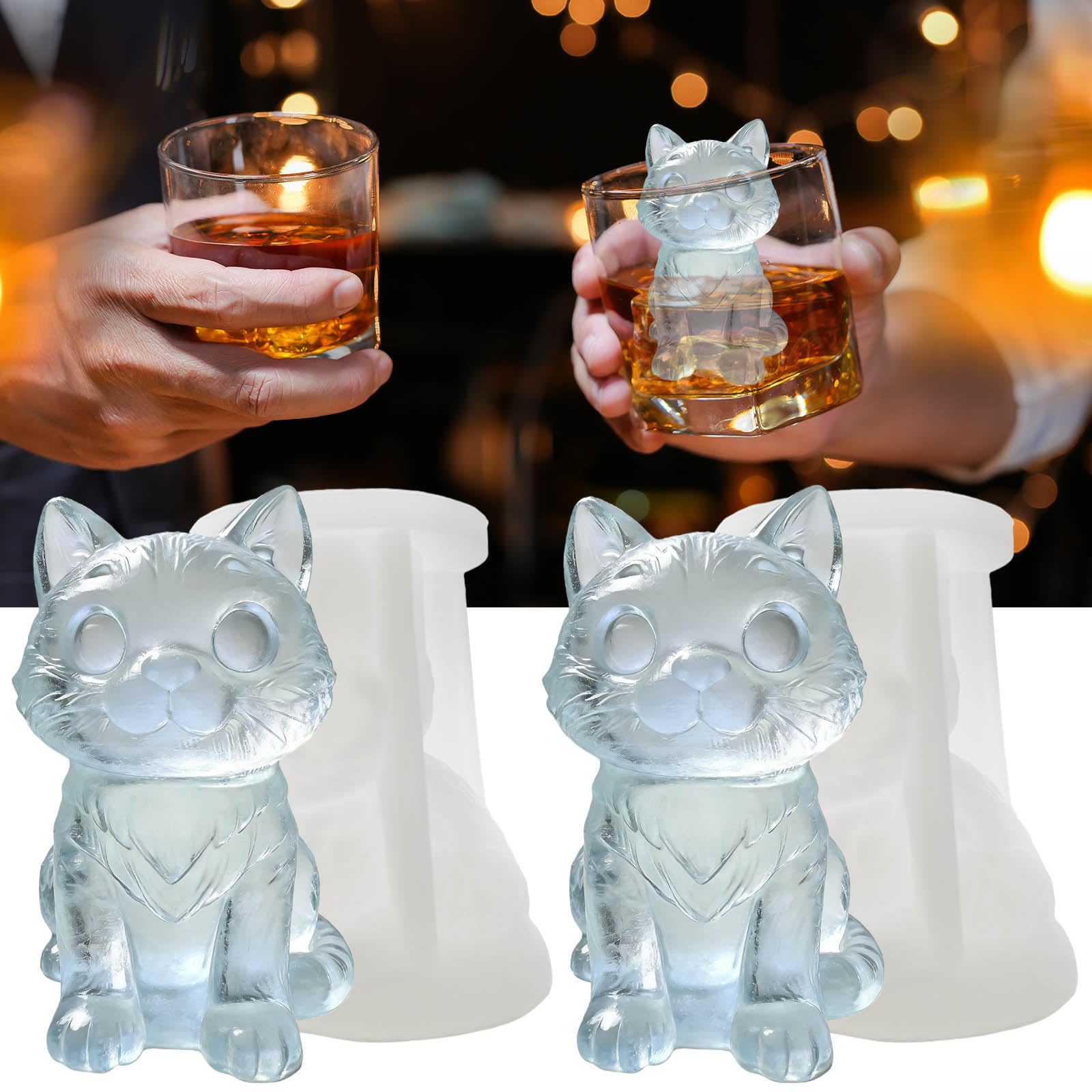 3D Cat Ice Cube Silicone Molds Tray for Whiskey (2 Count)