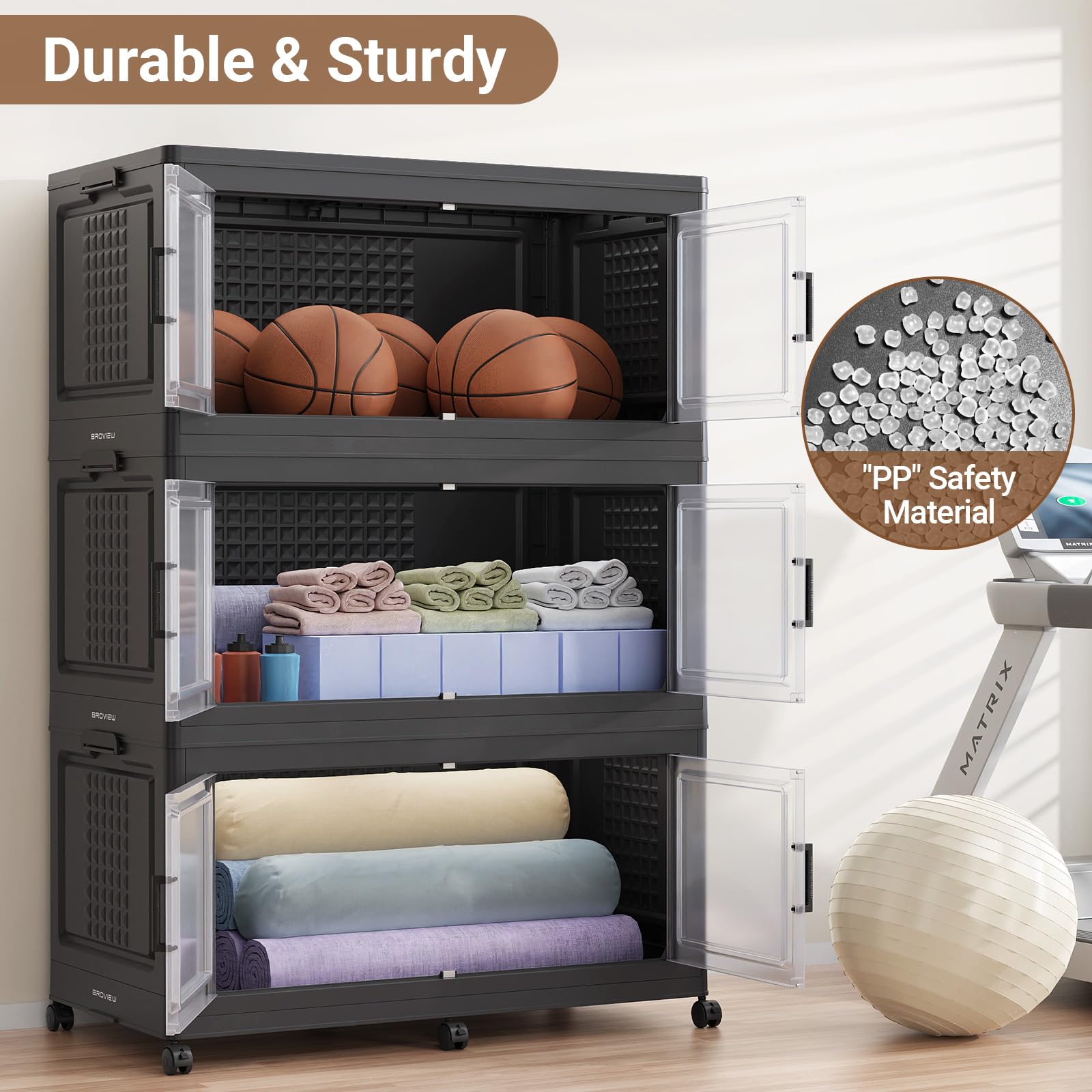 150Gal XL Stackable Storage Bins Foldable Box Cabinet for Home 3Pack Black (3 Count)