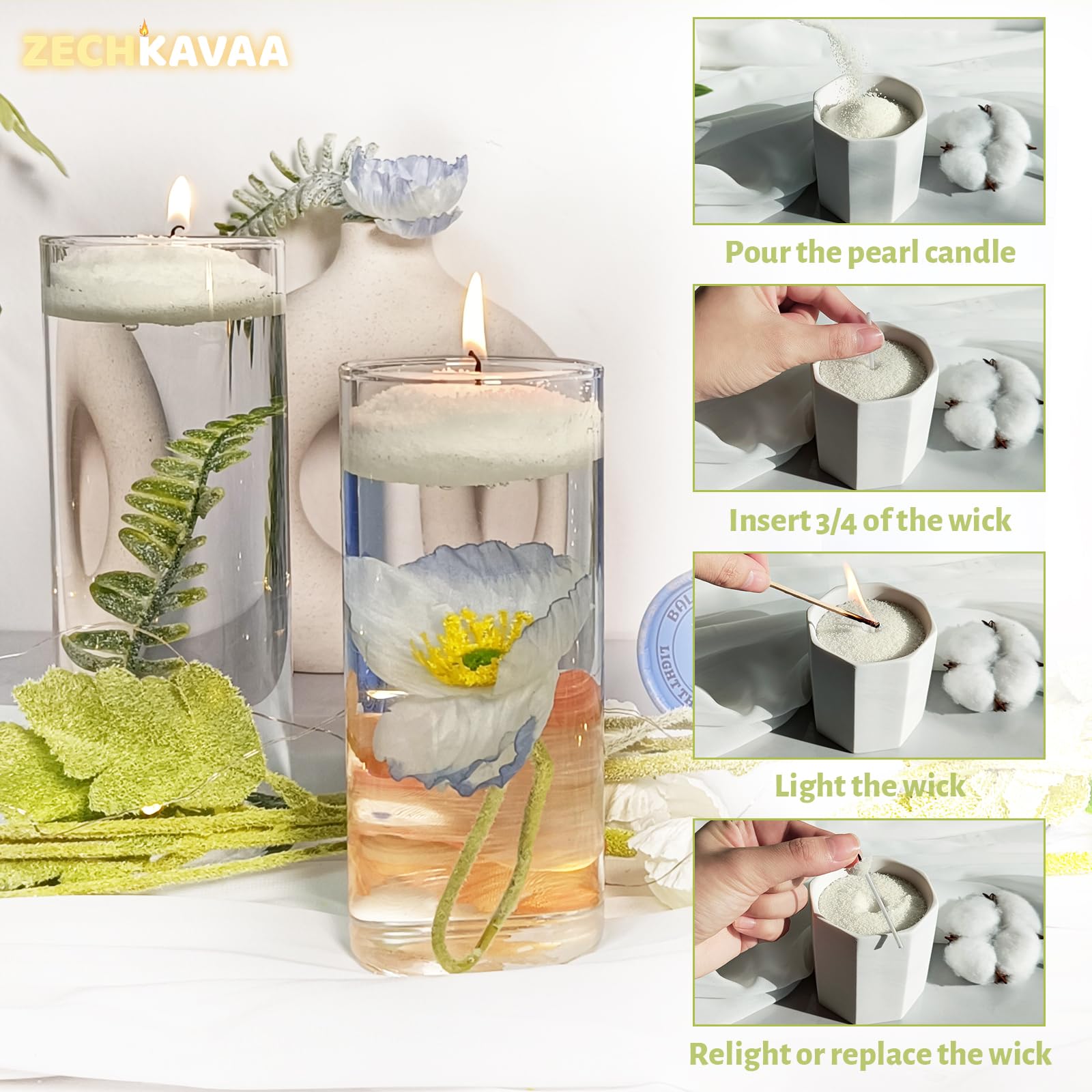 Green Tea Scented Light Green Pearled Candle 18oz Luxury Sand Candle Granulated Wax 30 Cotton Wicks Wax for Candle Making Decorative Candles Smooth and Clean Burning Lasts up to 120 Hours (18 Ounce)