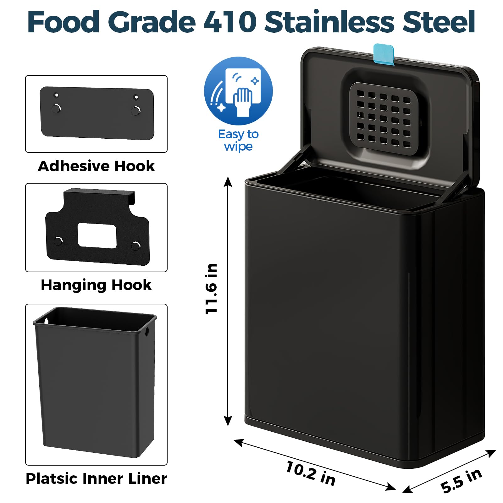 Stainless Steel Hanging Trash Can with Lid and Inner Bucket