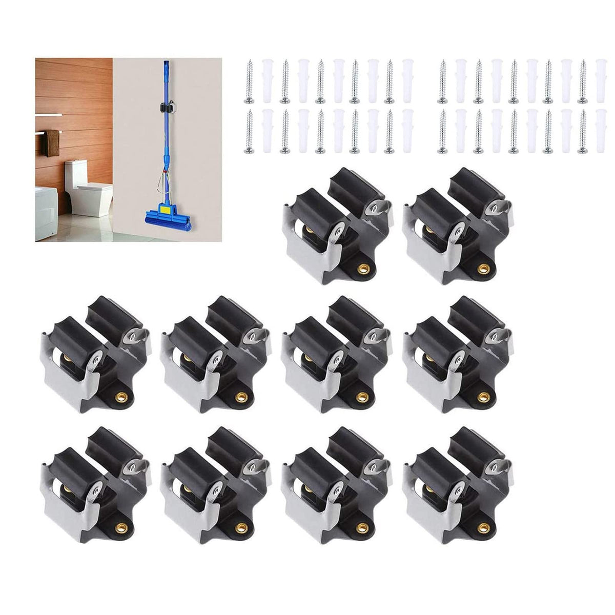 Broom Holder Wall Mount 10 Pack Heavy Duty Metal Mop Broomstick Shovel Handle Hanging Clips Clamp Organizer Hanger Rack Gripper Black (10 Count)