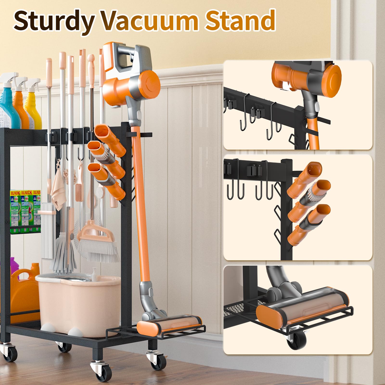 Broom Holder with Cleaning Supplies Organizer