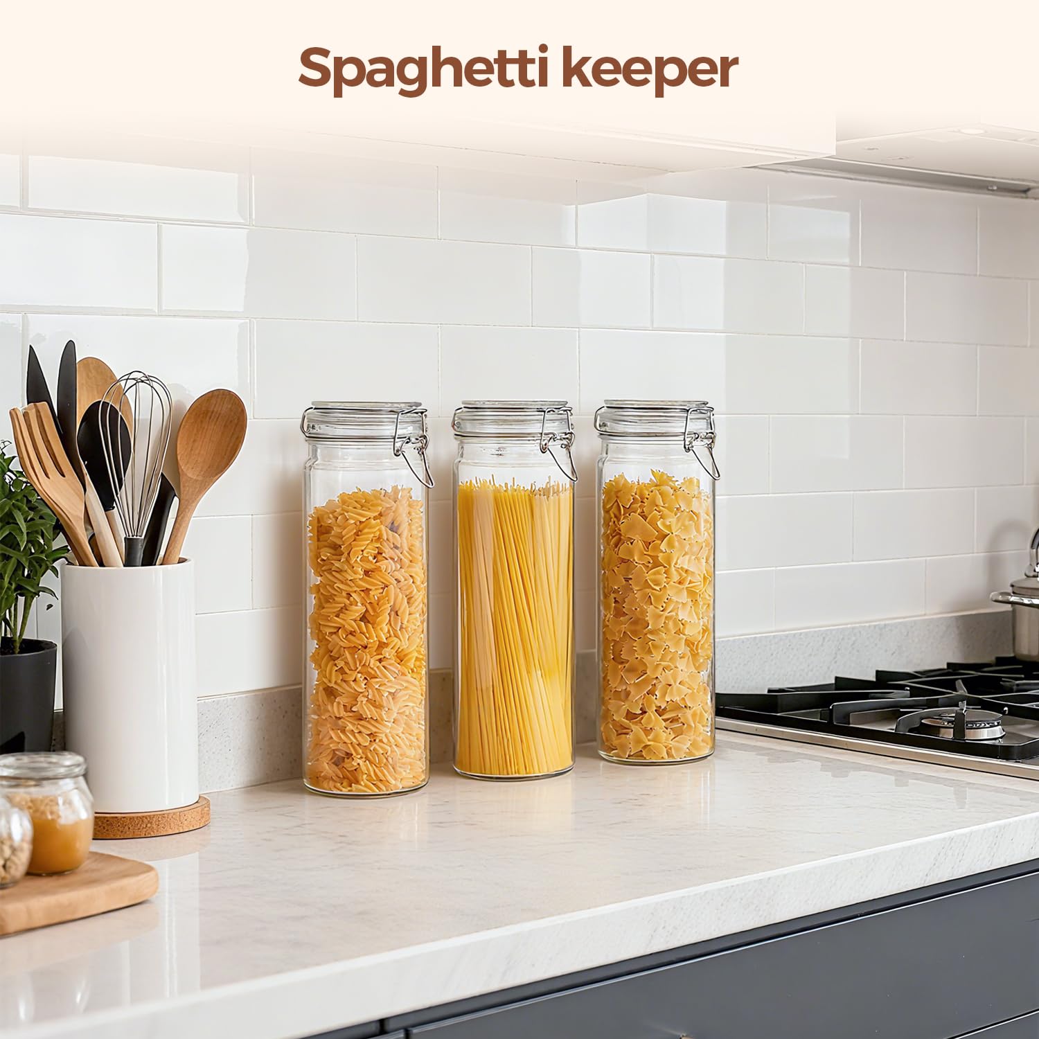 Tall Glass Pasta Containers with Airtight Lids 68 oz 3 Pack Canister (3 Count)