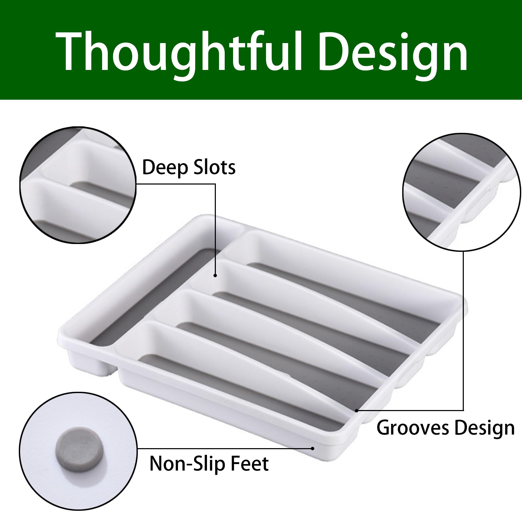 Silverware Organizer 2 Pieces Utenisl Organizer Holder Kitchen Drawer Organizer Plastic Silverware Tray for Drawer Flatware Organizer 5 Compartment White (2 Count)