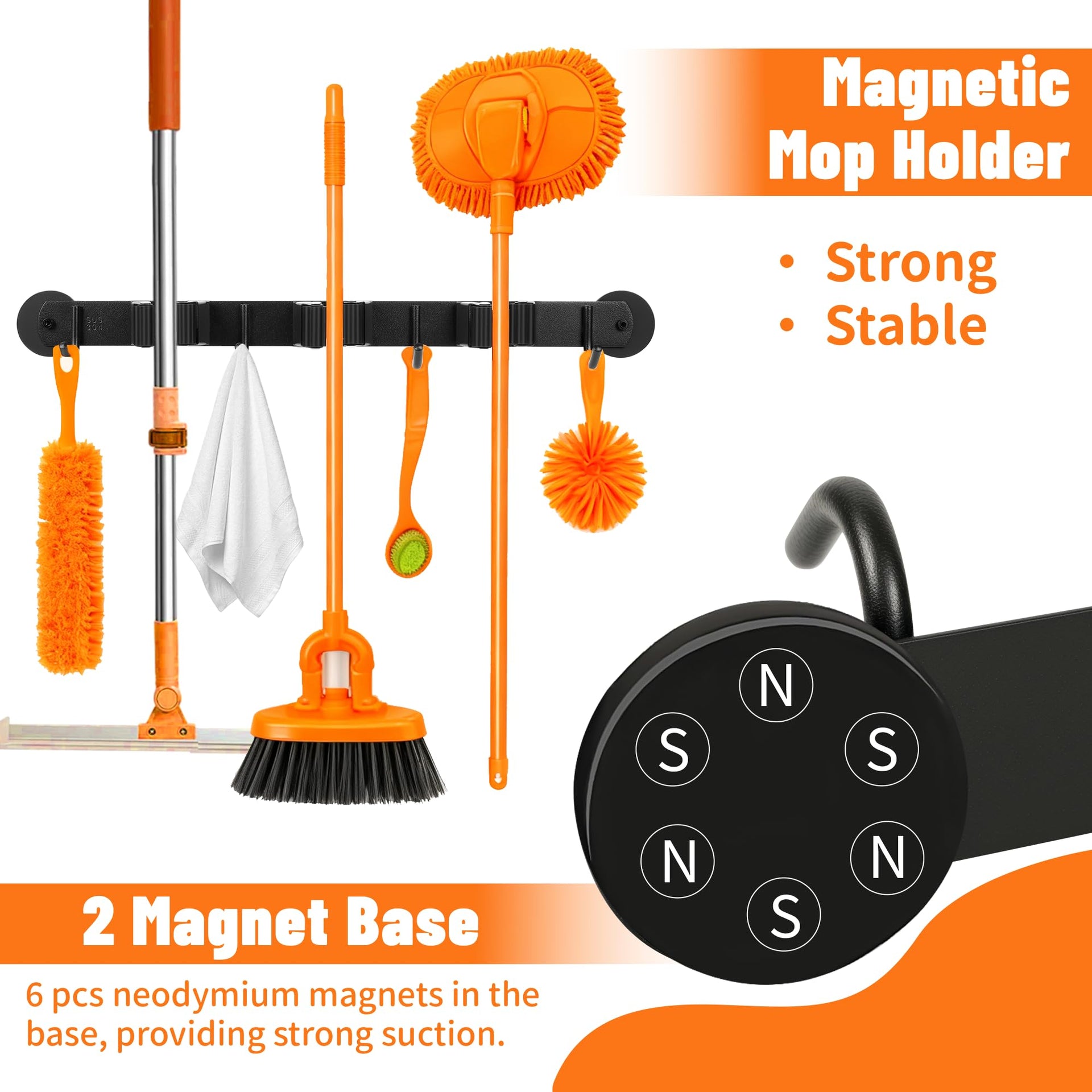 Magnetic Broom Holder Wall Mount with 4 Hooks and 3 Rack