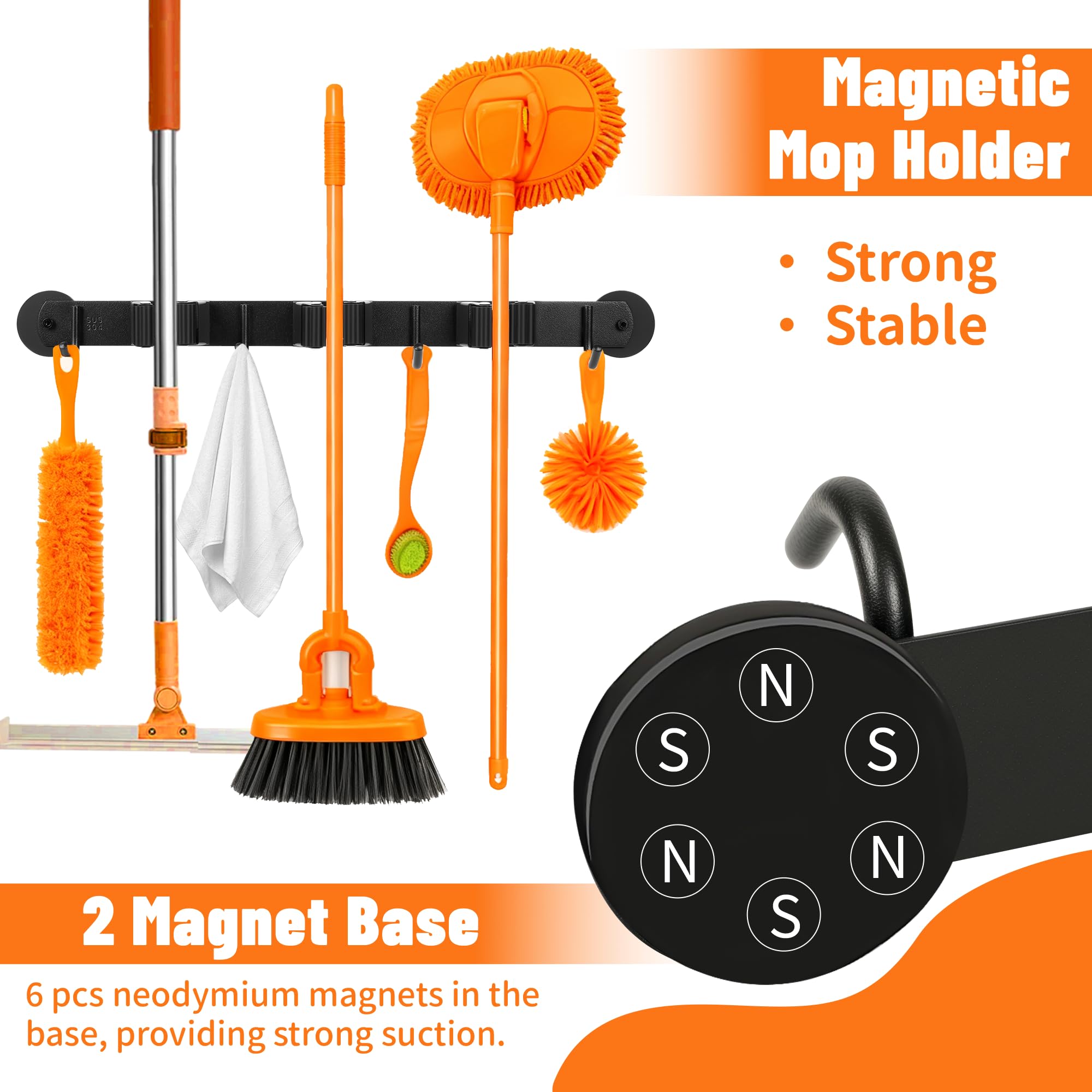Magnetic Broom Holder Wall Mount with 4 Hooks and 3 Rack