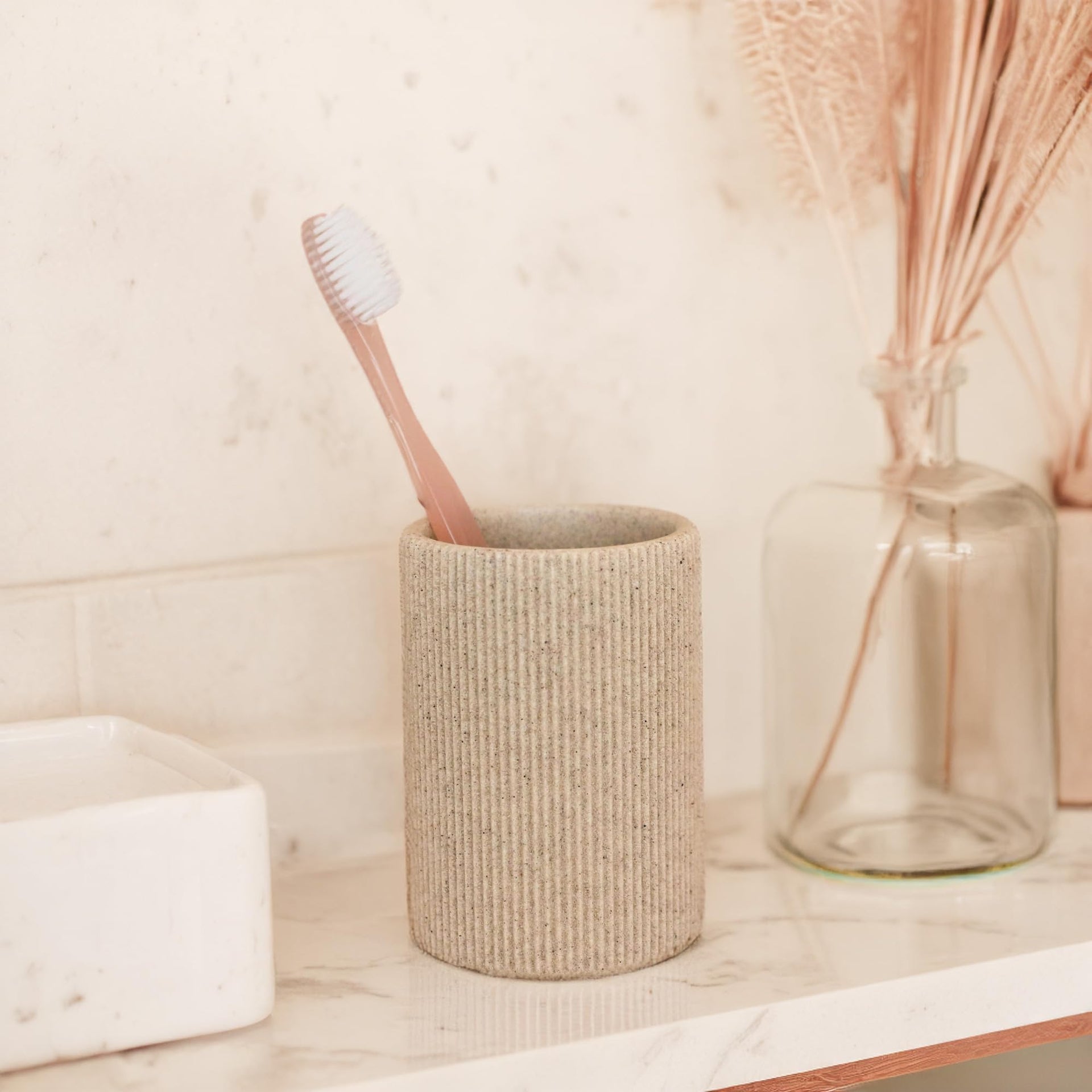 Small Sand Beige Toothbrush Holder for Bathroom Countertop