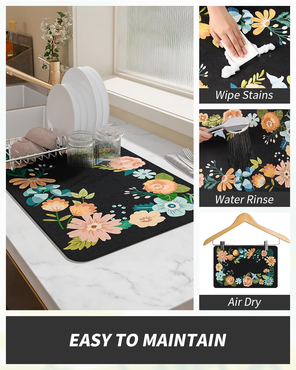 Coffee Mat Hide Stain Rubber Backed Absorbent Dish Drying Mat for Kitchen Counter