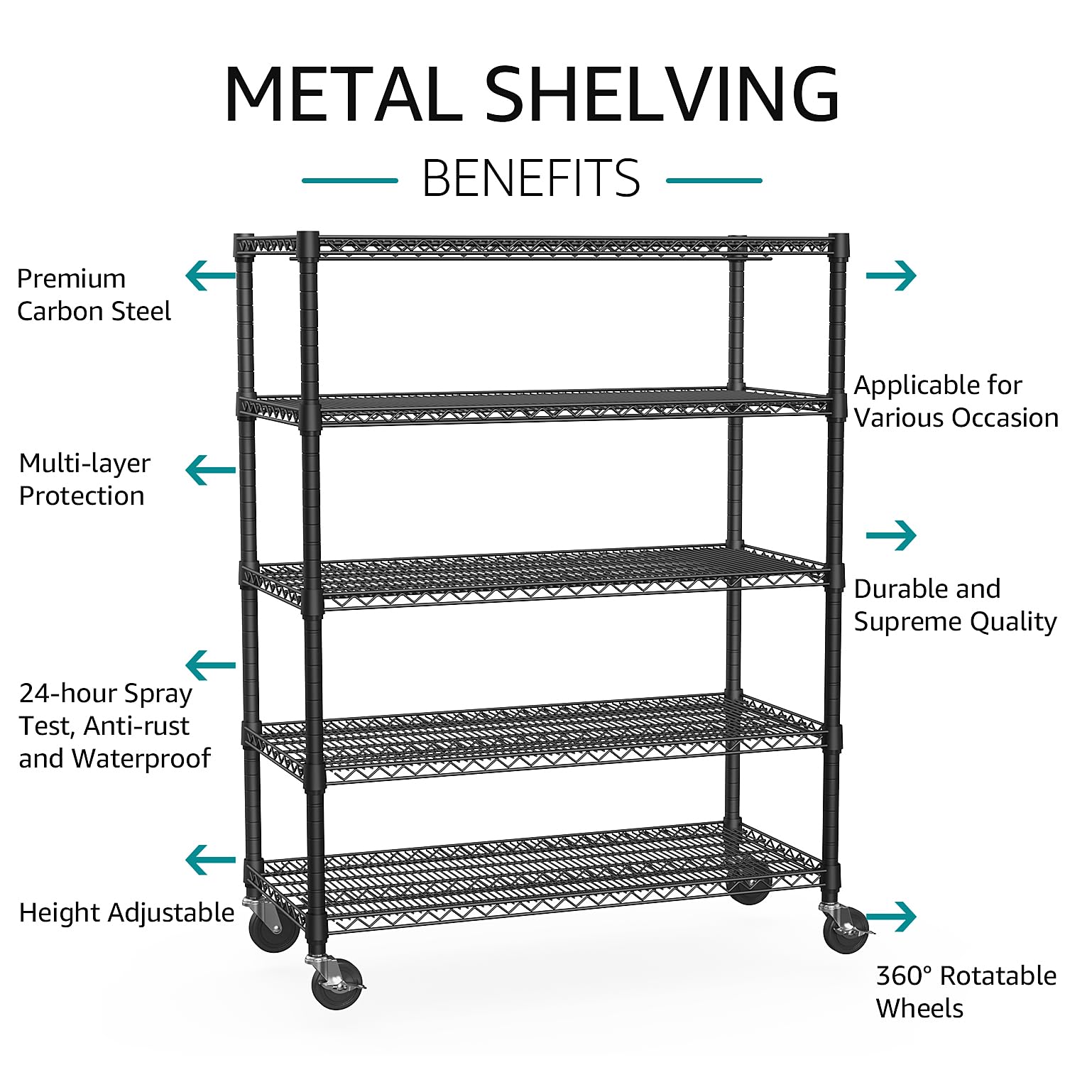 Garage Shelving Wide Storage Shelves 5 Tier Metal Shelves 4000 LBS Heavy Duty Adjustable Utility Shelf Rack Black 23.6" D x 53.1" W x 73.6" H (5 Count)