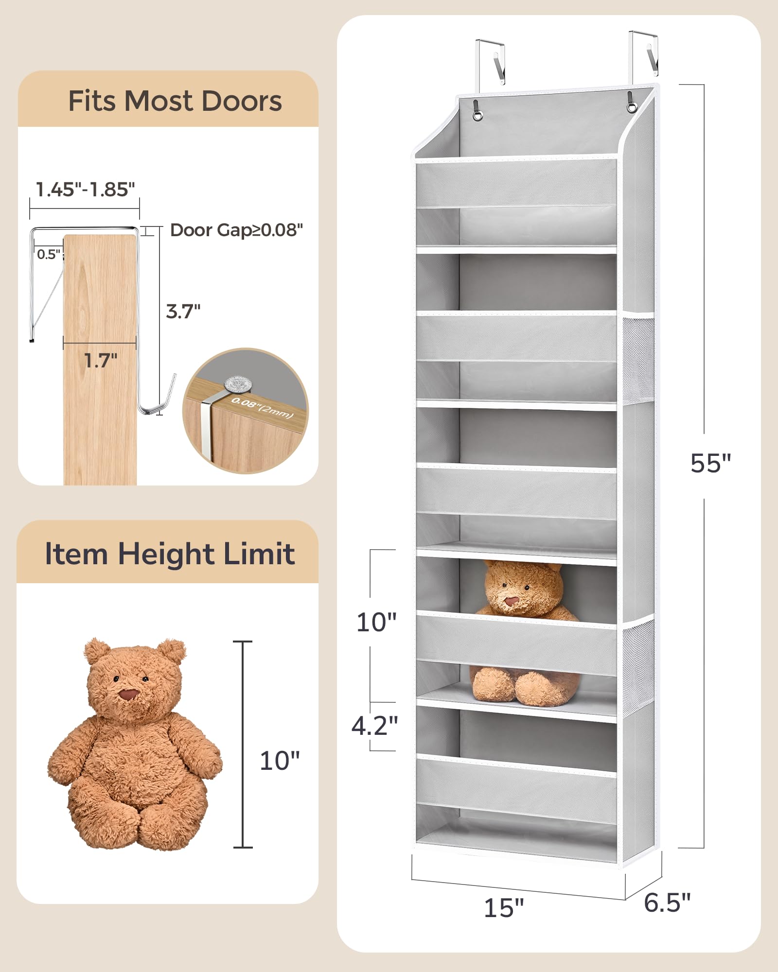 2-Pack Over-The-Door Organizer 5 Tiers, – Hanging Storage Organizer with 4 Mesh Side Pockets,Space Saving Closet Door Organizer for Clothes, Shoes, Toys, Accessories Light Gray