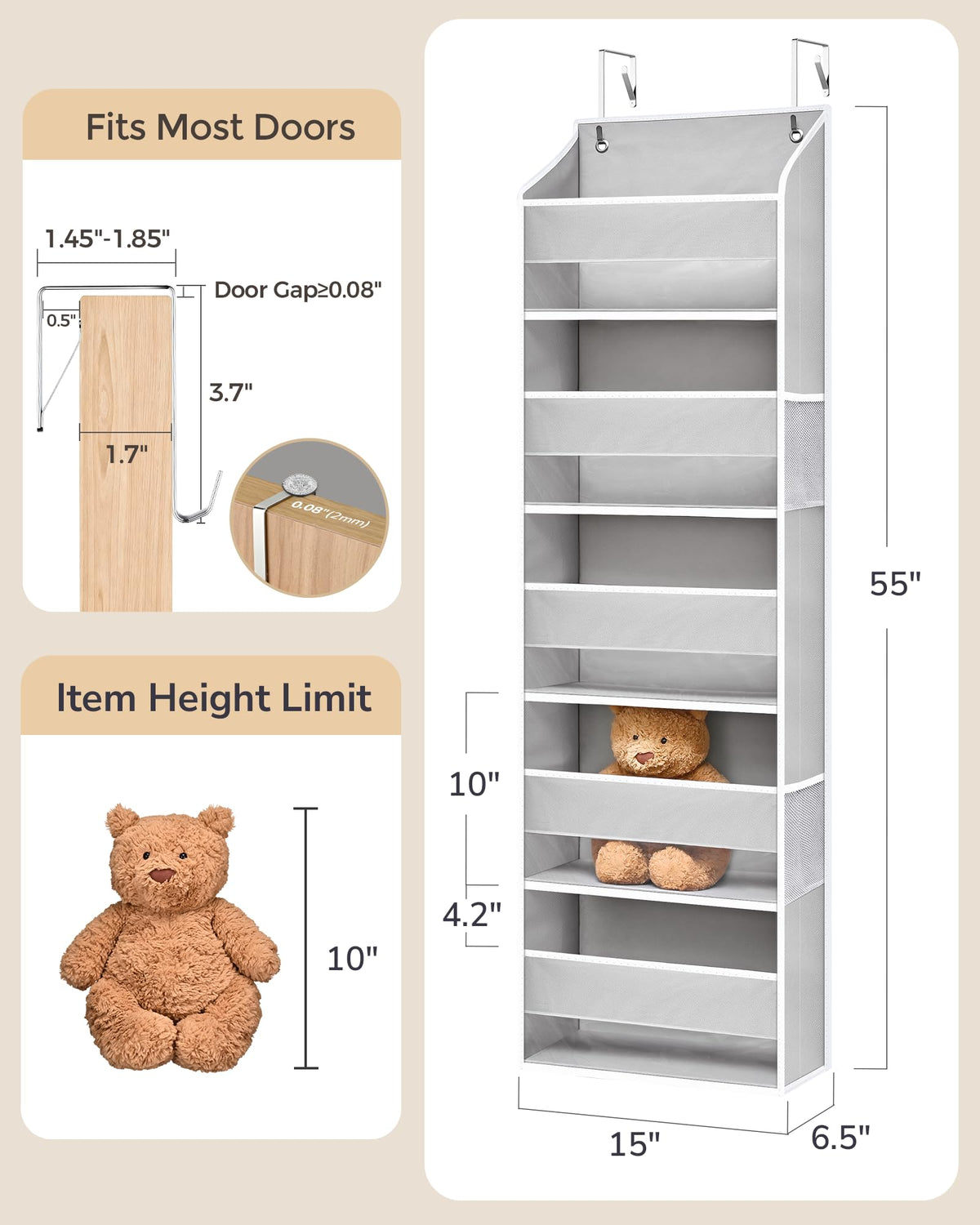 1 Pack Over Door Organizer Hanging Storage Light Gray