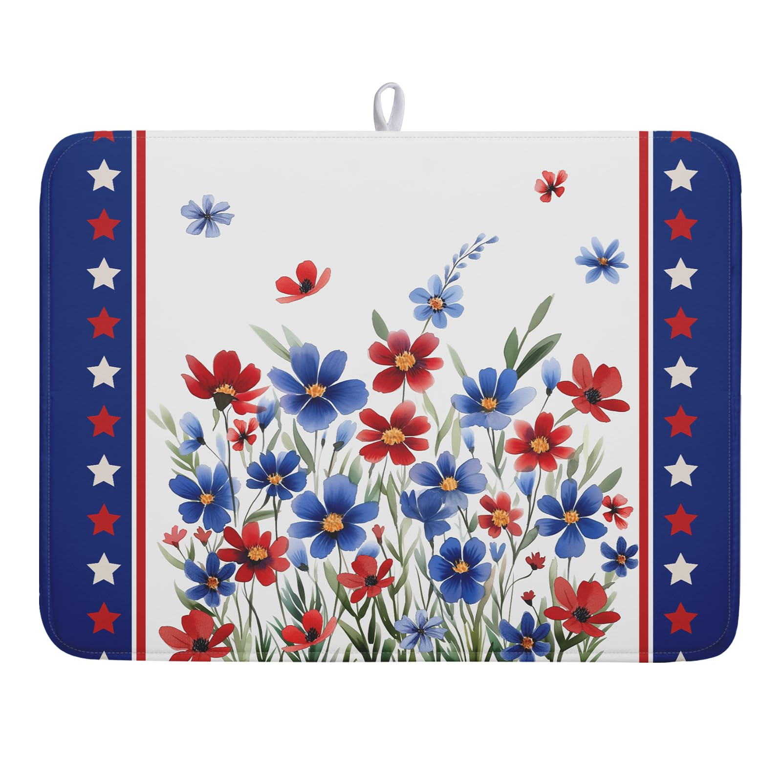 4th of July Dish Drying Mats for Kitchen Counter Summer Flowers Patriotic Kitchen Mats 18x24 Inch Absorbent Microfiber Drainer Mats Independence Day Dishes Pad Quick Dry for Tableware Protector Decor