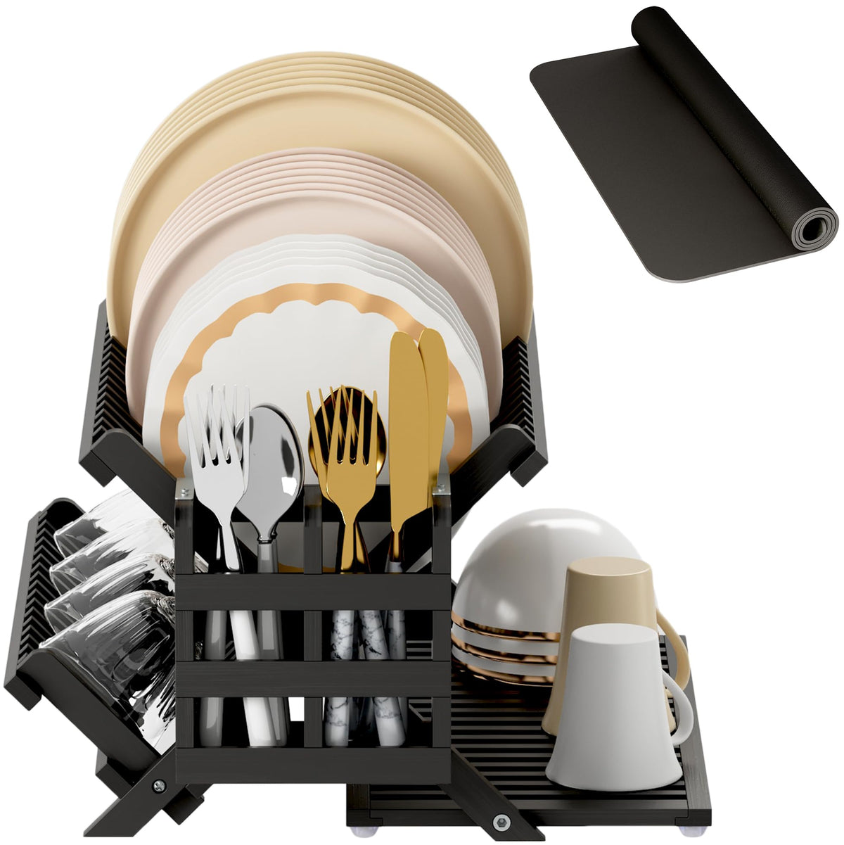 Black Bamboo Dish Drying Rack with Utensil Holder