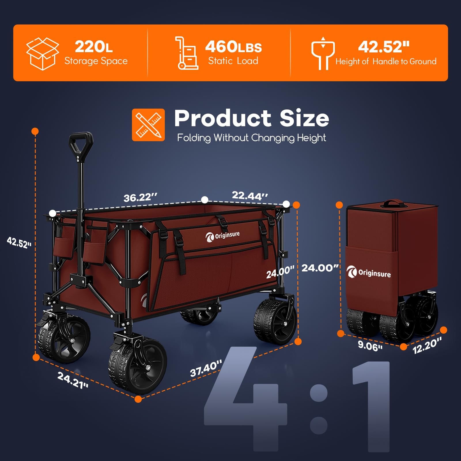 220L Collapsible Beach Wagon Cart with Big Wheels