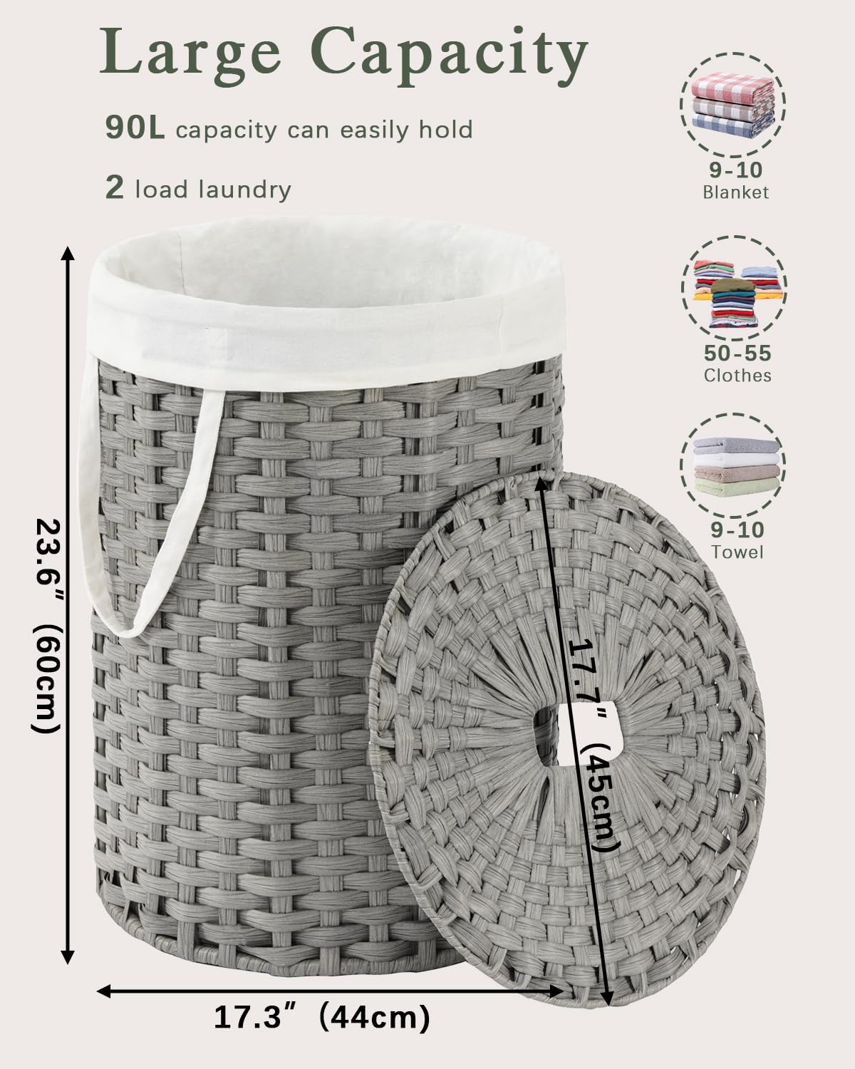 Laundry Basket with Lid 23.8 Gal Round Laundry Hamper Grey