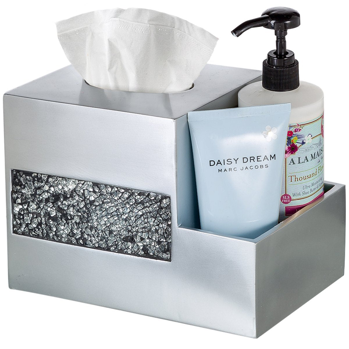 Crackled Glass Tissue Box Cover Square Silver Decorative Multi
