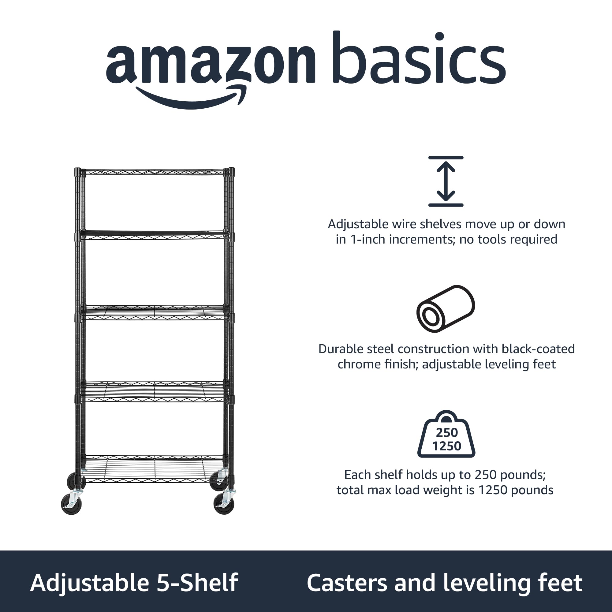 5 Shelf Heavy Duty Garage Shelving Storage Rack with 4" Wheel Casters
