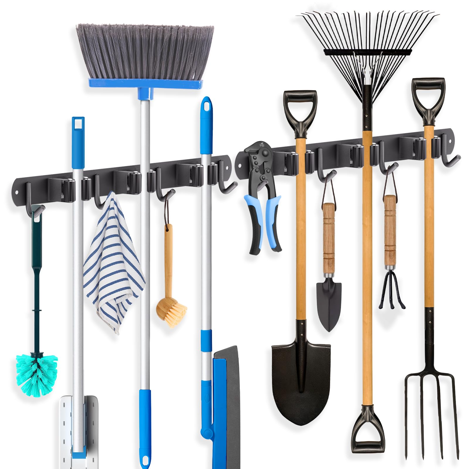 2 Pack Mop Broom Holder Wall Mount 3 Racks 4 Hooks Storage Black (2 Count)