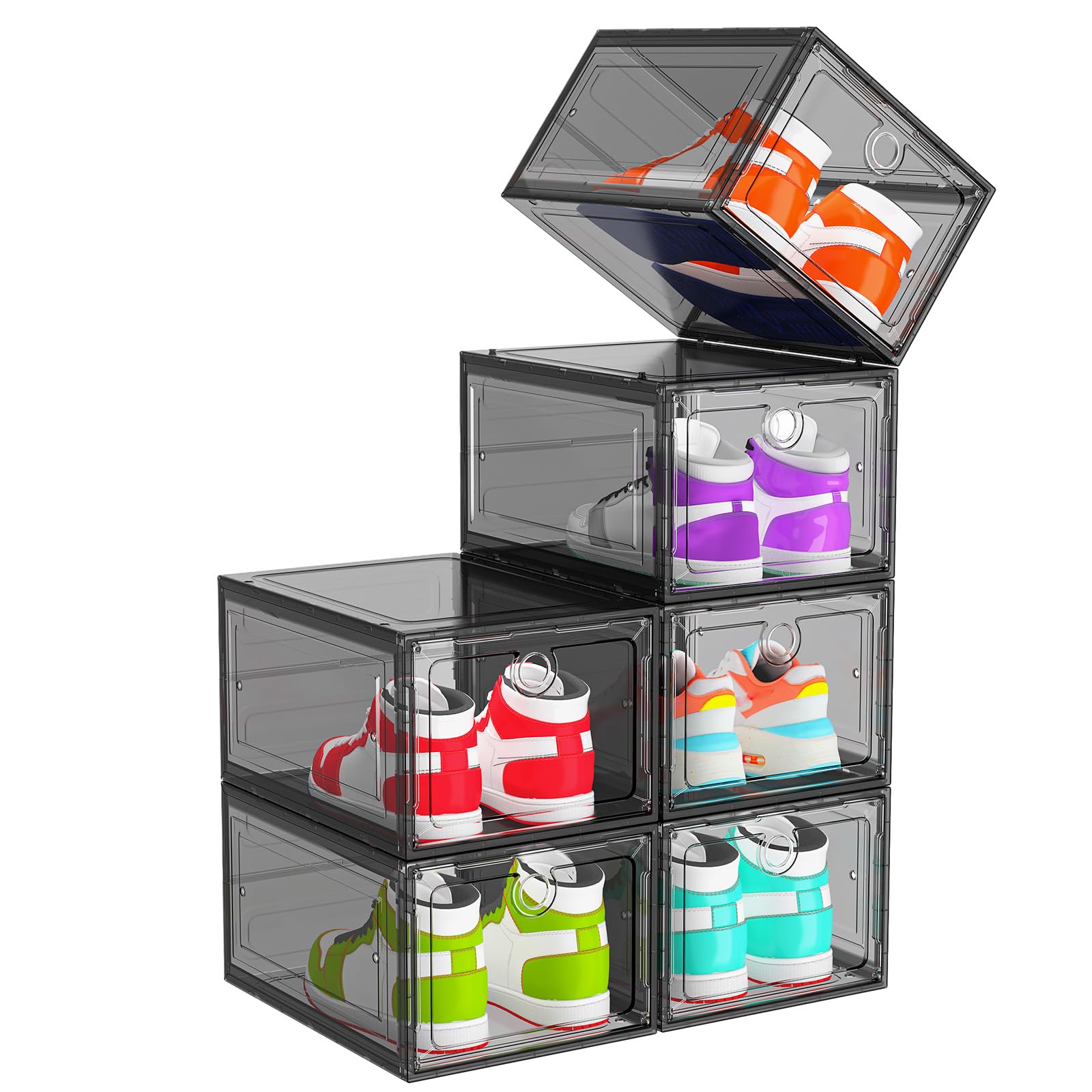 6 Pack Black Shoe Storage Boxes Magnetic Stackable (6 Count)