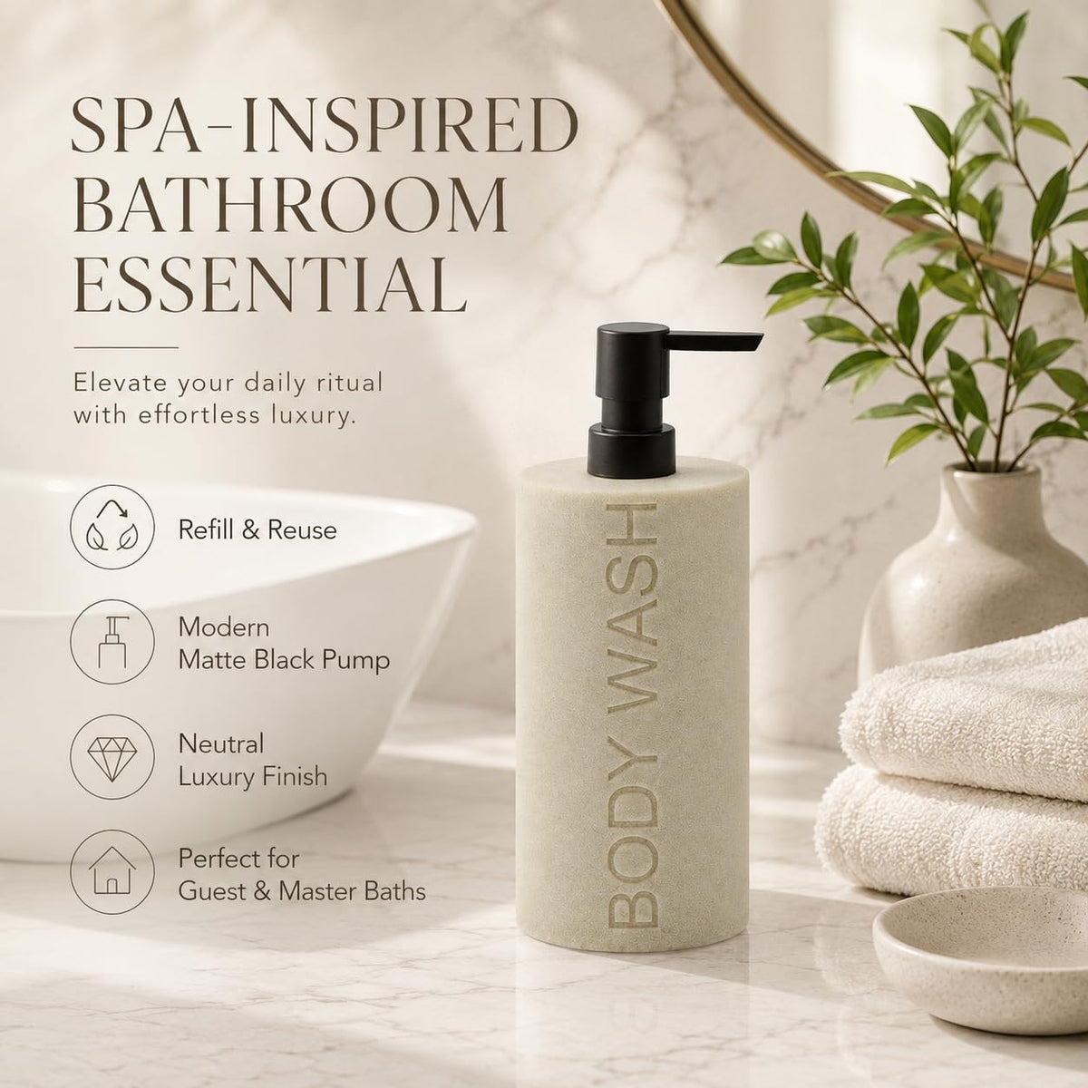 Resin Tan Sandstone Body Wash Engraved Bottle Refillable Pump Dispenser