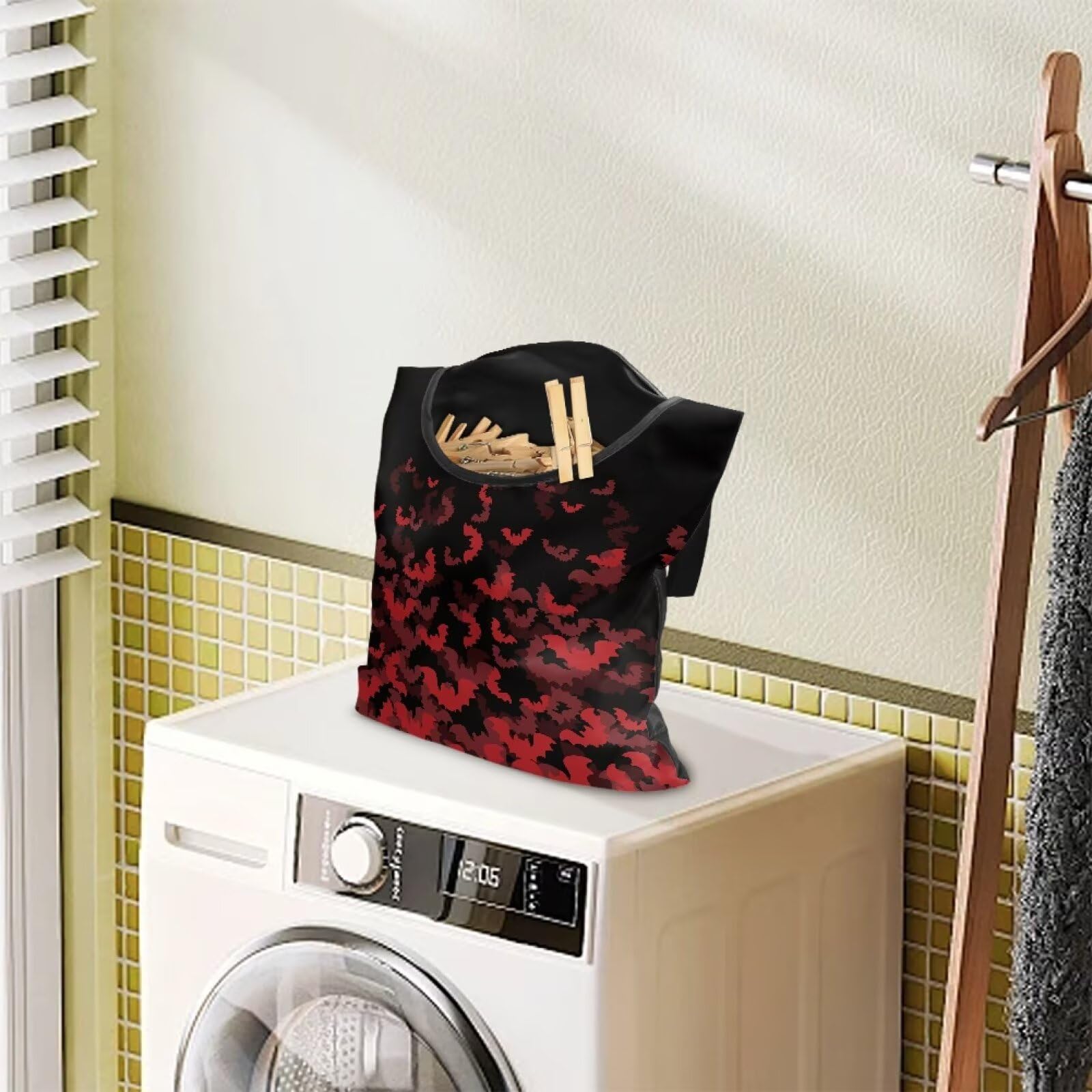 Halloween Black Bat Clothes Pin Bag to Hang On Line Reusable Clothespin Holder Laundry Room Clothespin Holder with Large Opening Space