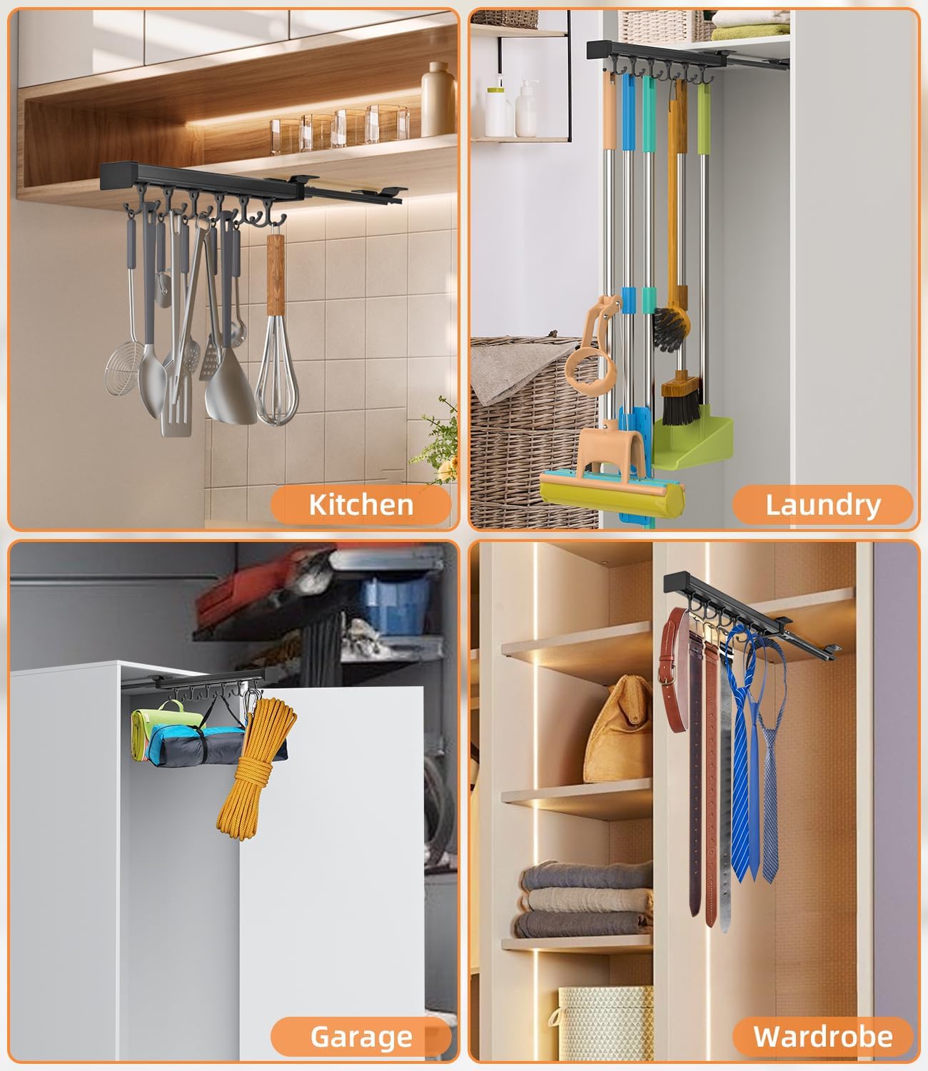 Pull Out Broom Holder With Adjustable Double Row Sliding Hook