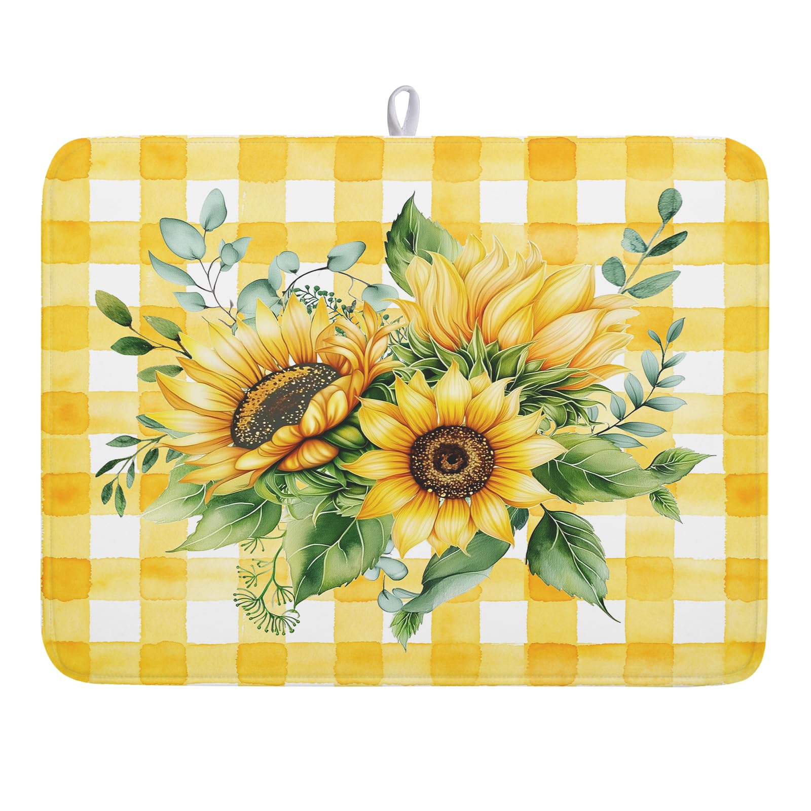 Sunflower Dish Drying Mat 18x24 Inch Absorbent Reversible Summer Sunflower Drying Mat Summer Plaid Dish Drying Rack Mat Yellow Summer Themed Dish Drainer Mat for Kitchen Counter Coffee Bar