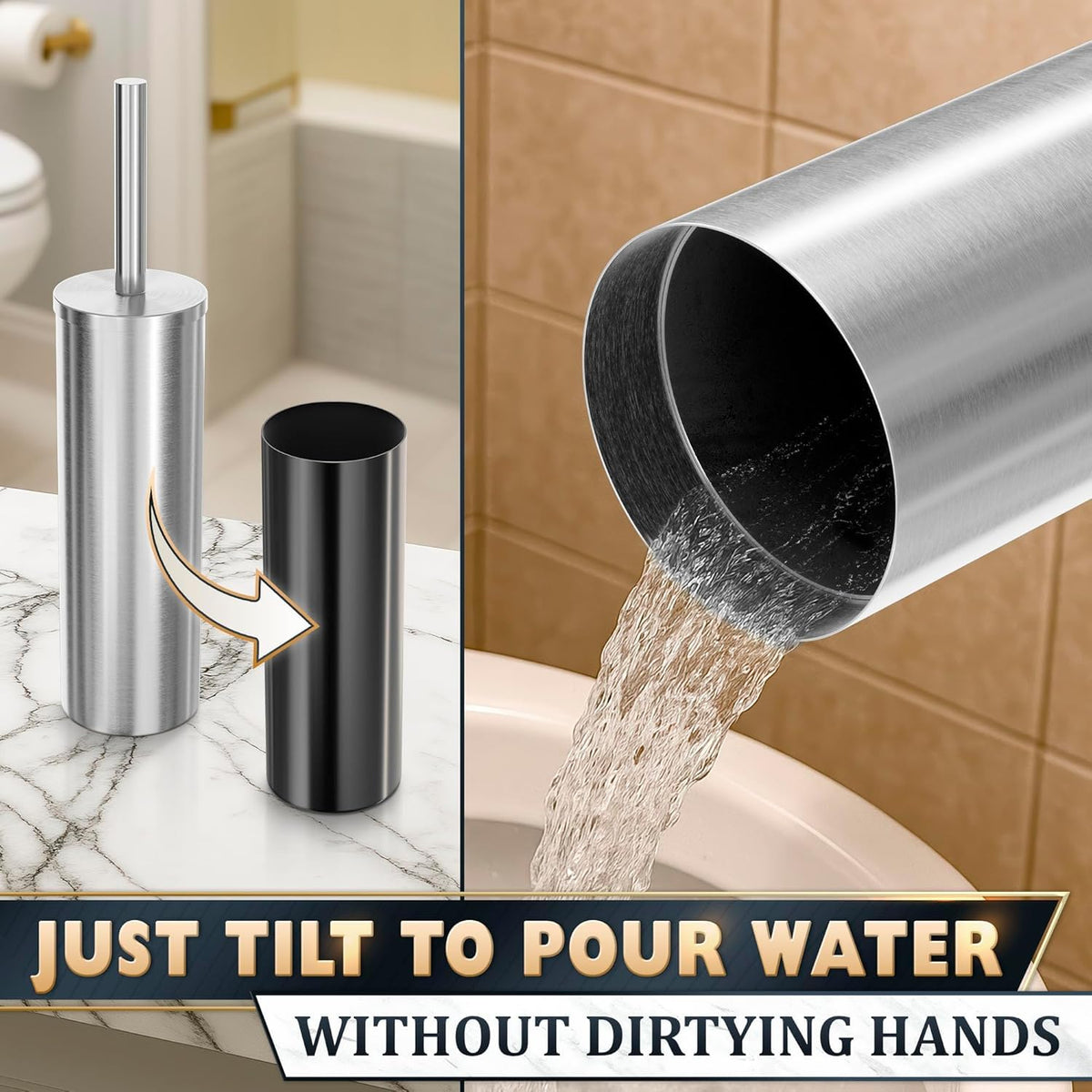 2 Pcs Stylish Stainless Steel Toilet Brush and Holder Set (2 Count)