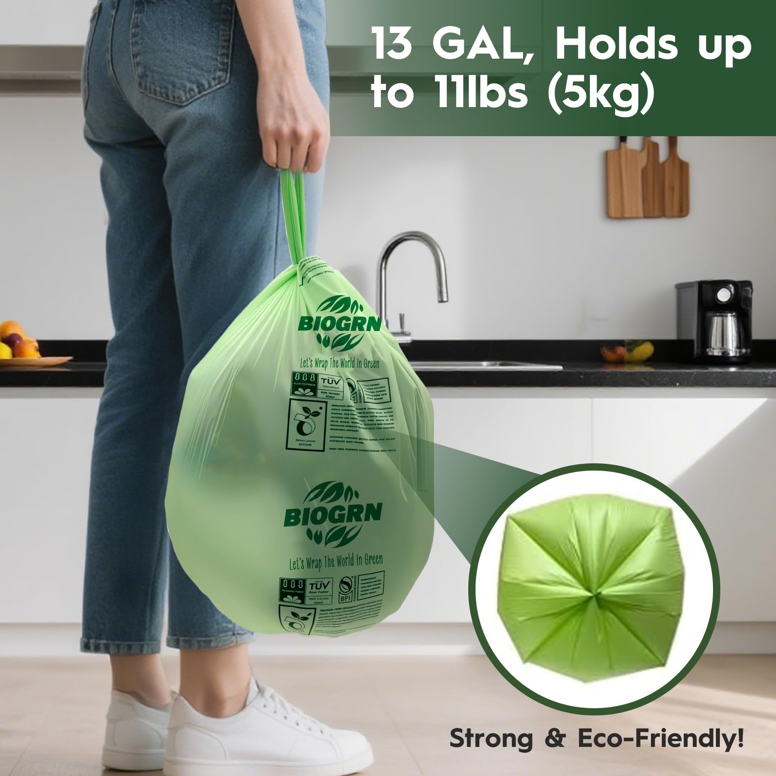 10 13 Gallon Compostable Trash Bags with Handles Tie 30 Bags Biodegradable Garbage Bags Food Scrap Green Waste Bags Thick 0.87 Mil 49.21 Liter ASTM D6400 (30 Count)