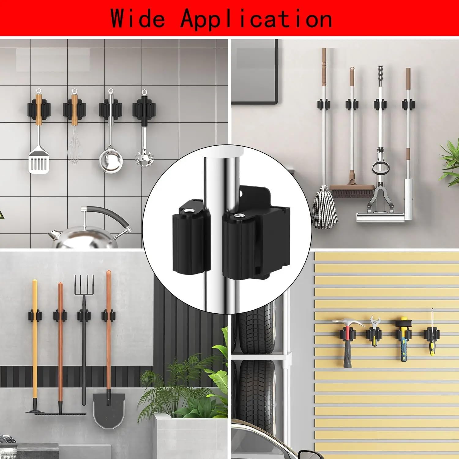 4Pcs peel and stick mop and broom holder wall mount Stainless Steel Heavy Duty Mop Holder Broom Hanger Wall with Screws (4 Count)