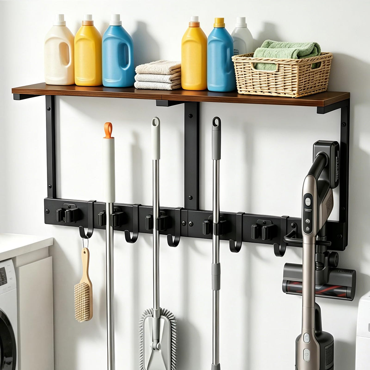 Heavy Duty Broom Holder Wall Mount with Cleaning Supplies Organizer