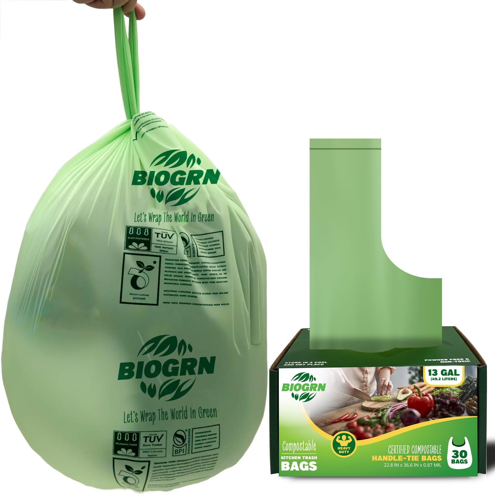 10 13 Gallon Compostable Trash Bags with Handles Tie 30 Bags Biodegradable Garbage Bags Food Scrap Green Waste Bags Thick 0.87 Mil 49.21 Liter ASTM D6400 (30 Count)