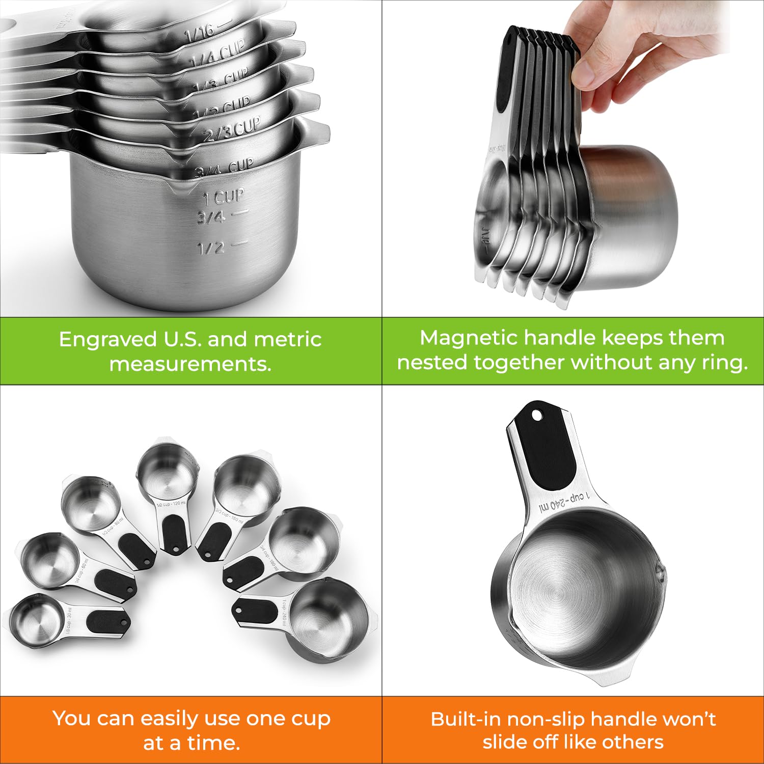Magnetic Stainless Steel Measuring Cups Set of 7 Patented Black (7 Count)