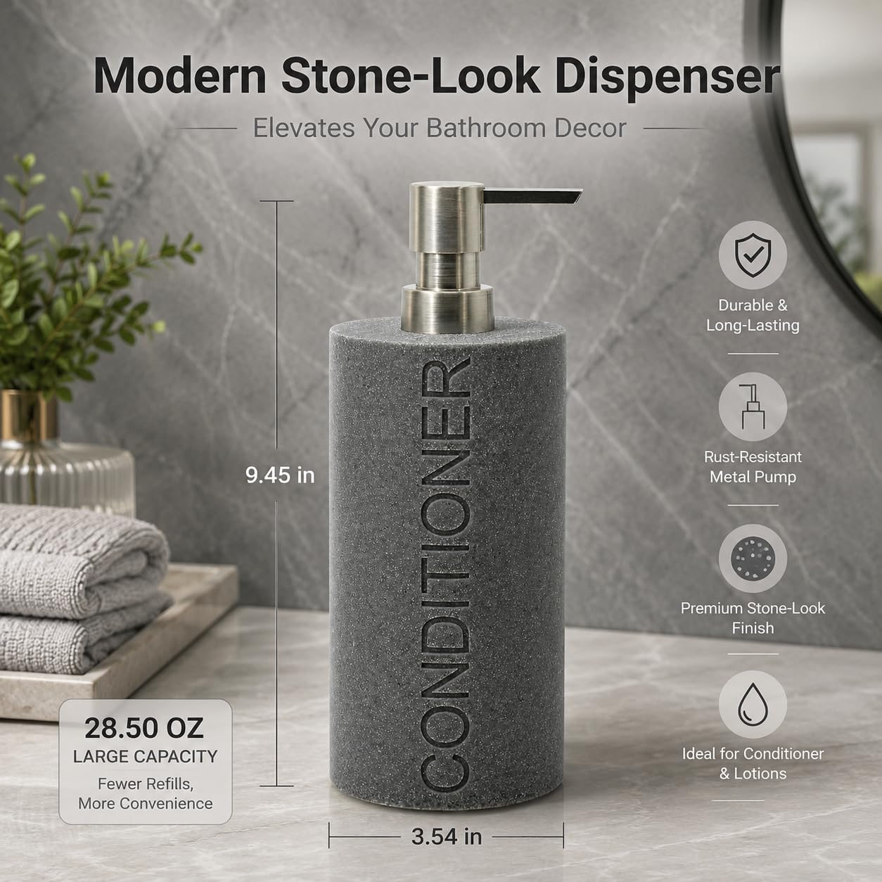 Resin Neutral Gray Sandstone Conditioner Engraved Bottle Refillable Pump Dispenser