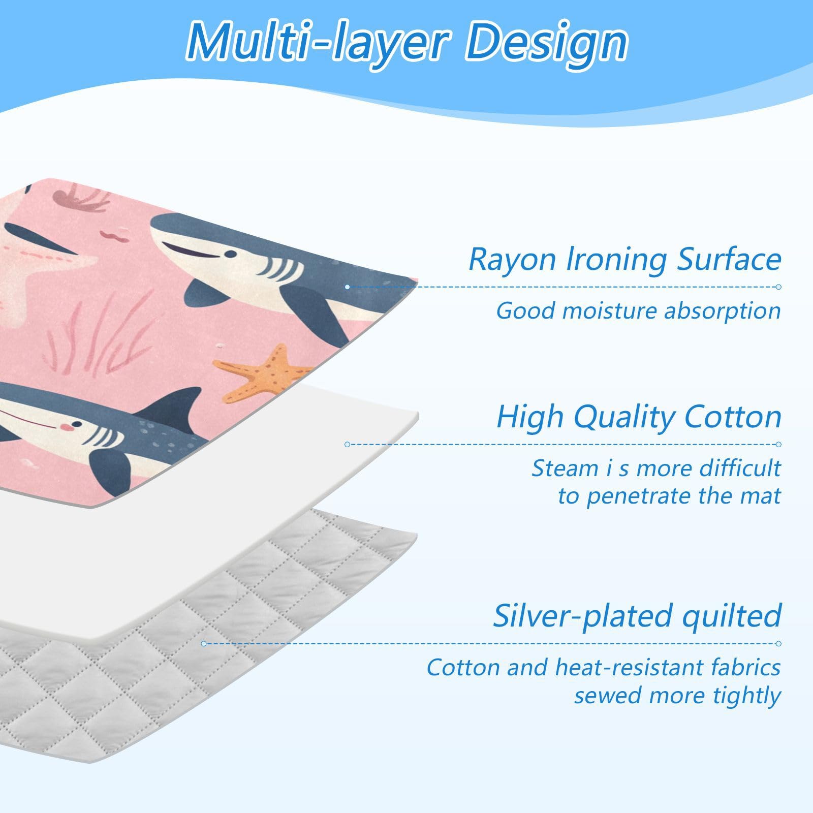 Pink Sharks Starfish and Seaweeds Ironing Mat Thickened Ironing Blanket Travel Portable Double