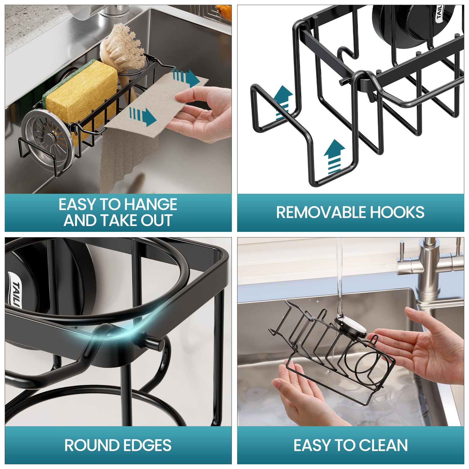 4-in-1 Sink Sponge Holder for Kitchen with Strong Suction Cup-Black