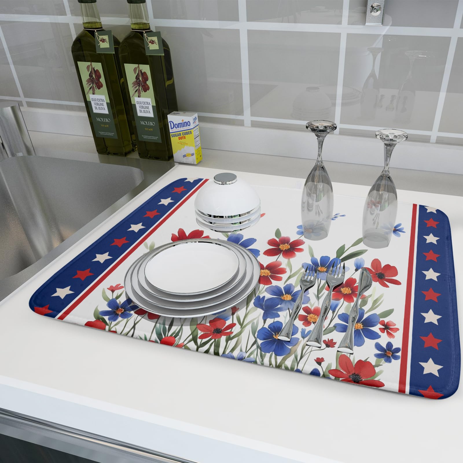 4th of July Dish Drying Mats for Kitchen Counter Patriotic Star Microfiber Absorbent Dish Drainer Rack Mat Summer Floral Independence Day Protector Sinks Dishes Pad for Countertop Table Decor 16”x18”