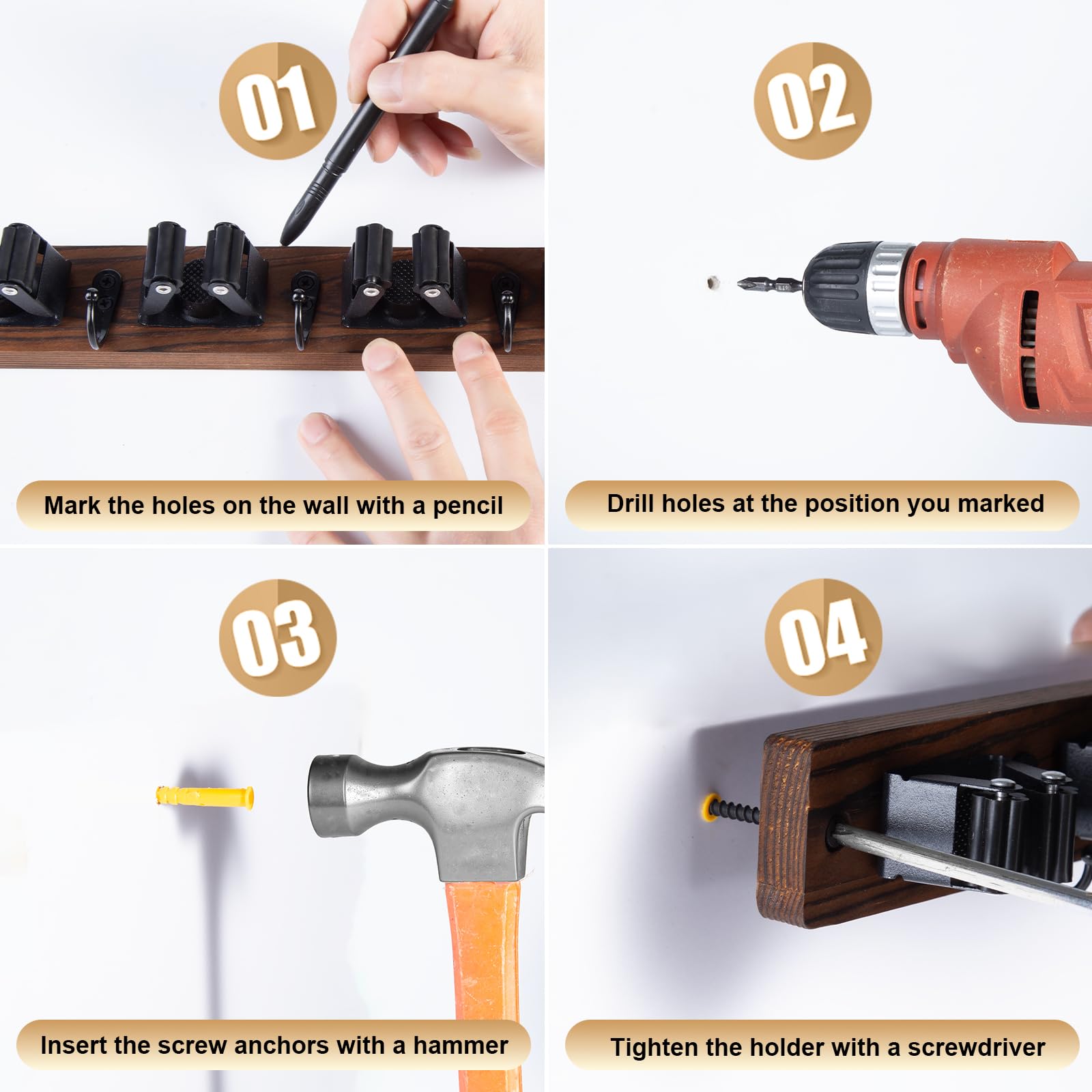 Broom Holder Wall Mount With 5 Slots & 4 Hooks