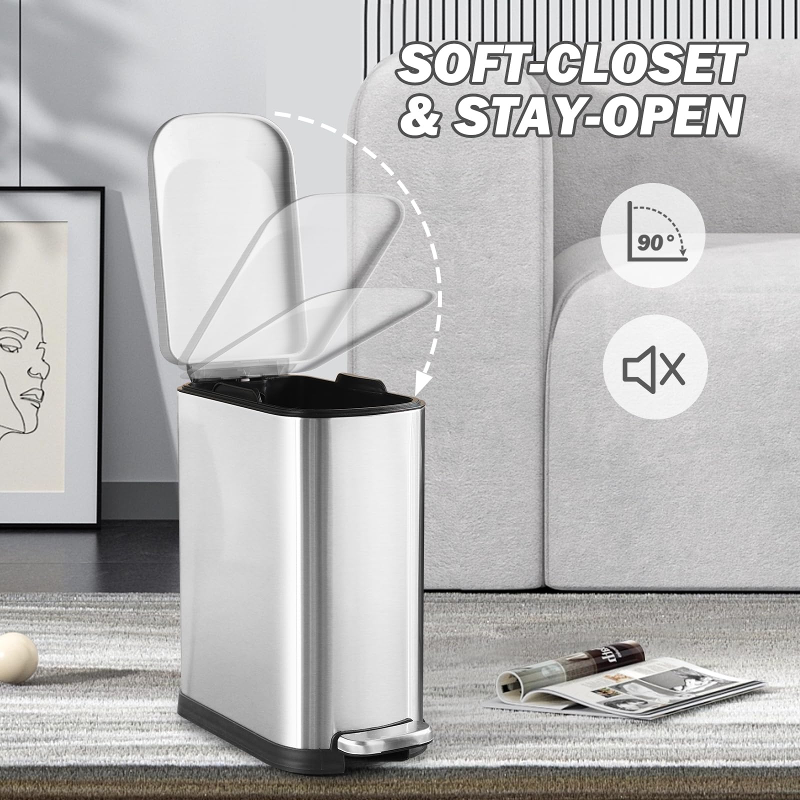 Bathroom Trash Can with Soft Close Lid 3.5 Gallon Silver