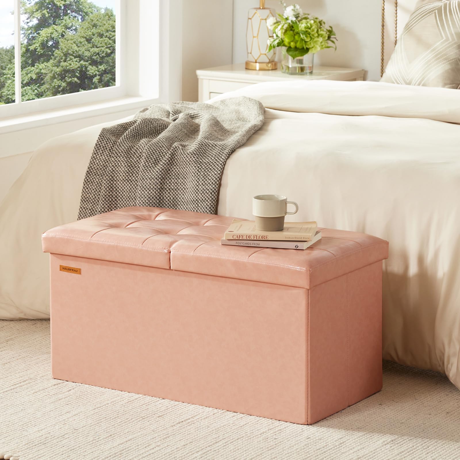 Ottoman with Storage Bench Folding Foot Rest Stool Pink
