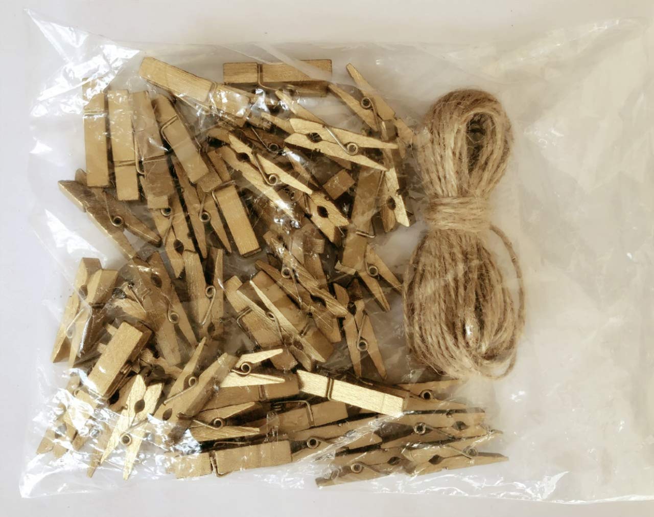Small Wooden Clips Cute 1.5 Inch Clothespin Photo Paper Diy Craft Holder with Jute Twine Gold Pack 50 (50 Count)