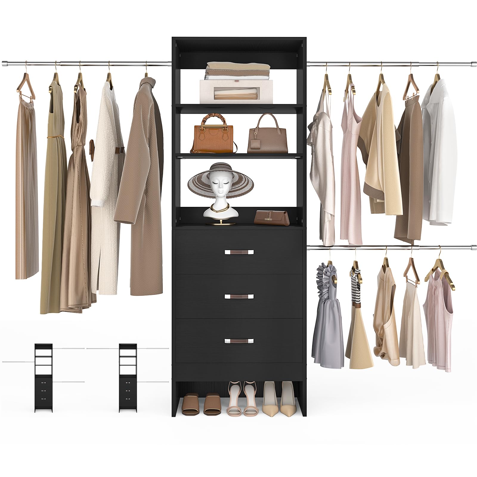 96'' Closet Organizer System with 3 Hanging Rods