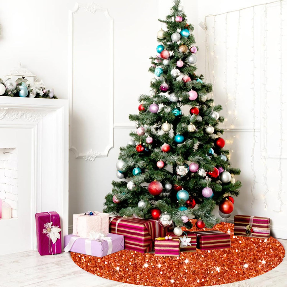 Glitter Christmas Tree Skirts 21 inch Orange Sequins Fall Tree Skirt Velvet Tree Mat for Pencil Tree Paillette Sparkly Tree Skirt Cover Thanksgiving Christmas Tree Carpet