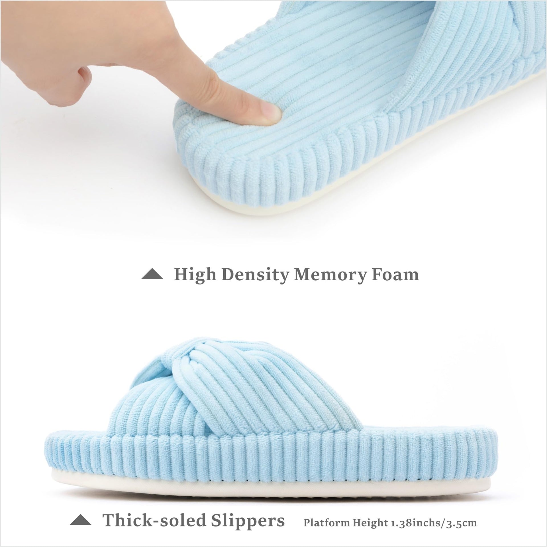 Slippers for Women Memory Foam House Bedroom Corduroy Bow Crossbands Slipper Shoes Comfy Trendy Gift Slippers Light Blue Size 9 10 8.5