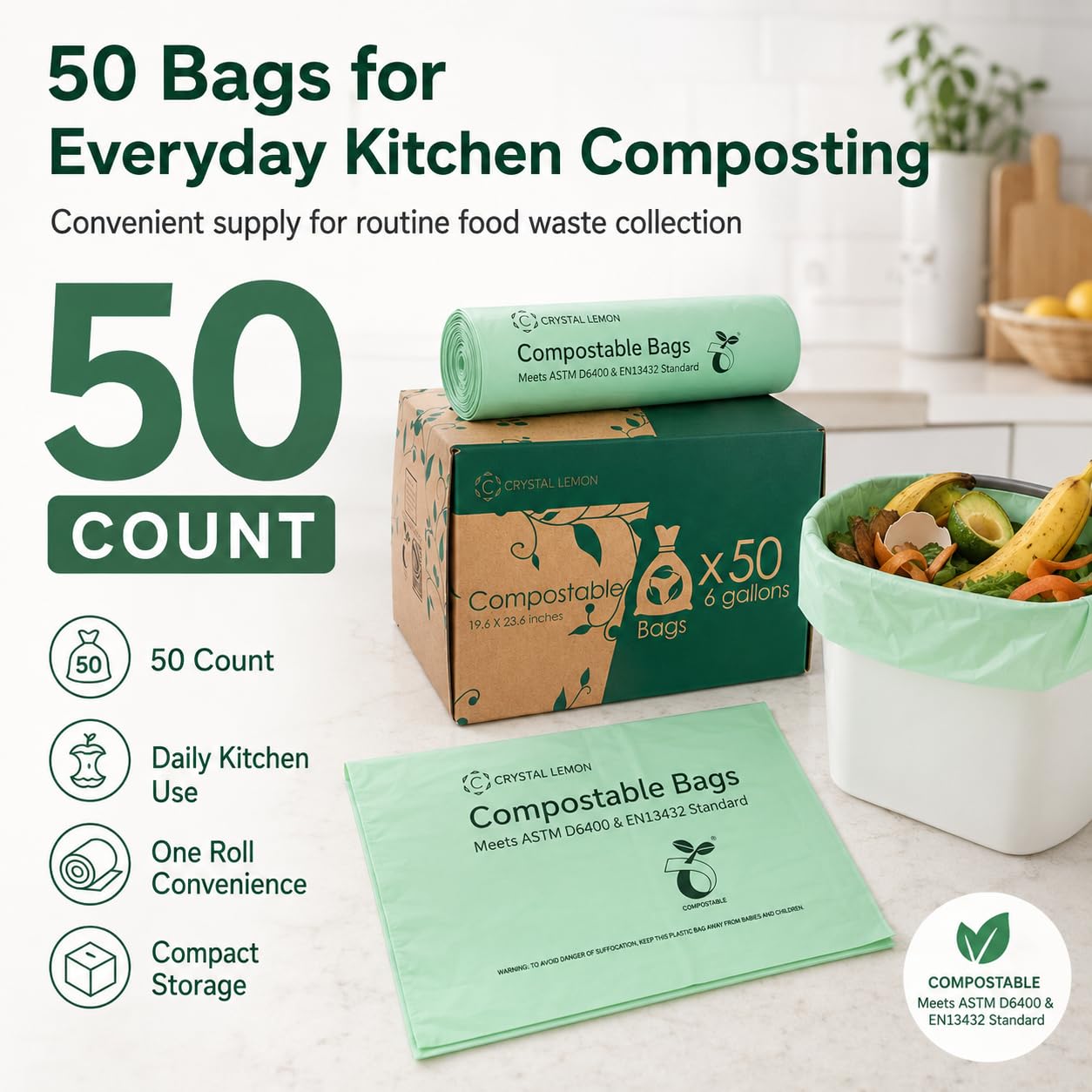 Compostable Trash Bags 6 Gallon (50 Count)