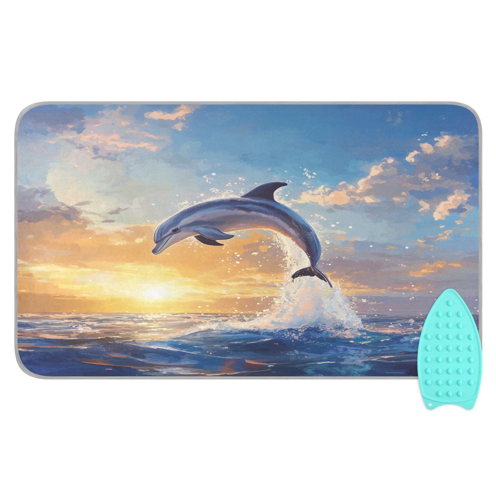Dolphin Jumping Sunset Blue Ironing Mat Thickened Ironing Blanket Travel Portable Double
