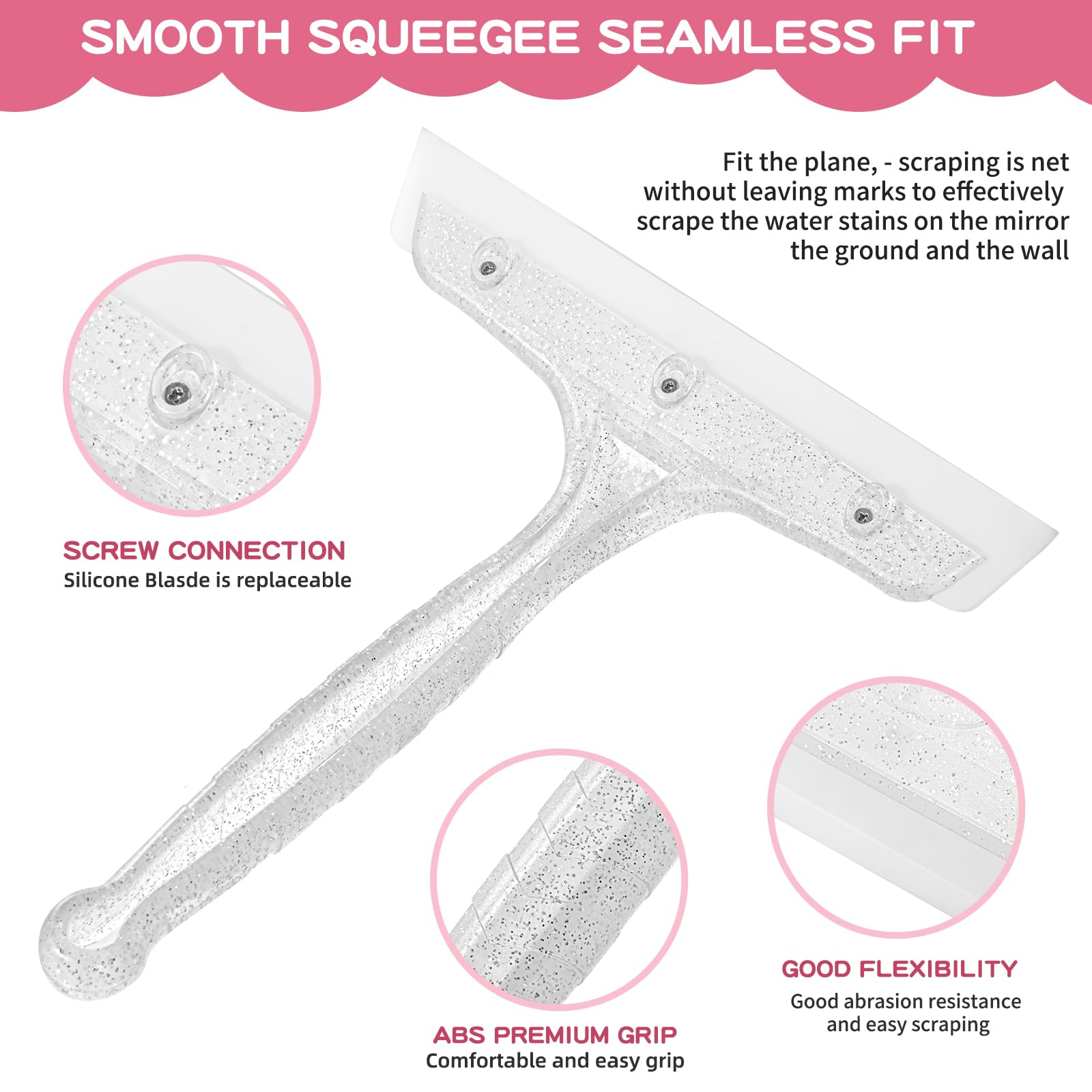 8" Silicone Shower Squeegee for Glass Doors with Silver Hair Comb Set