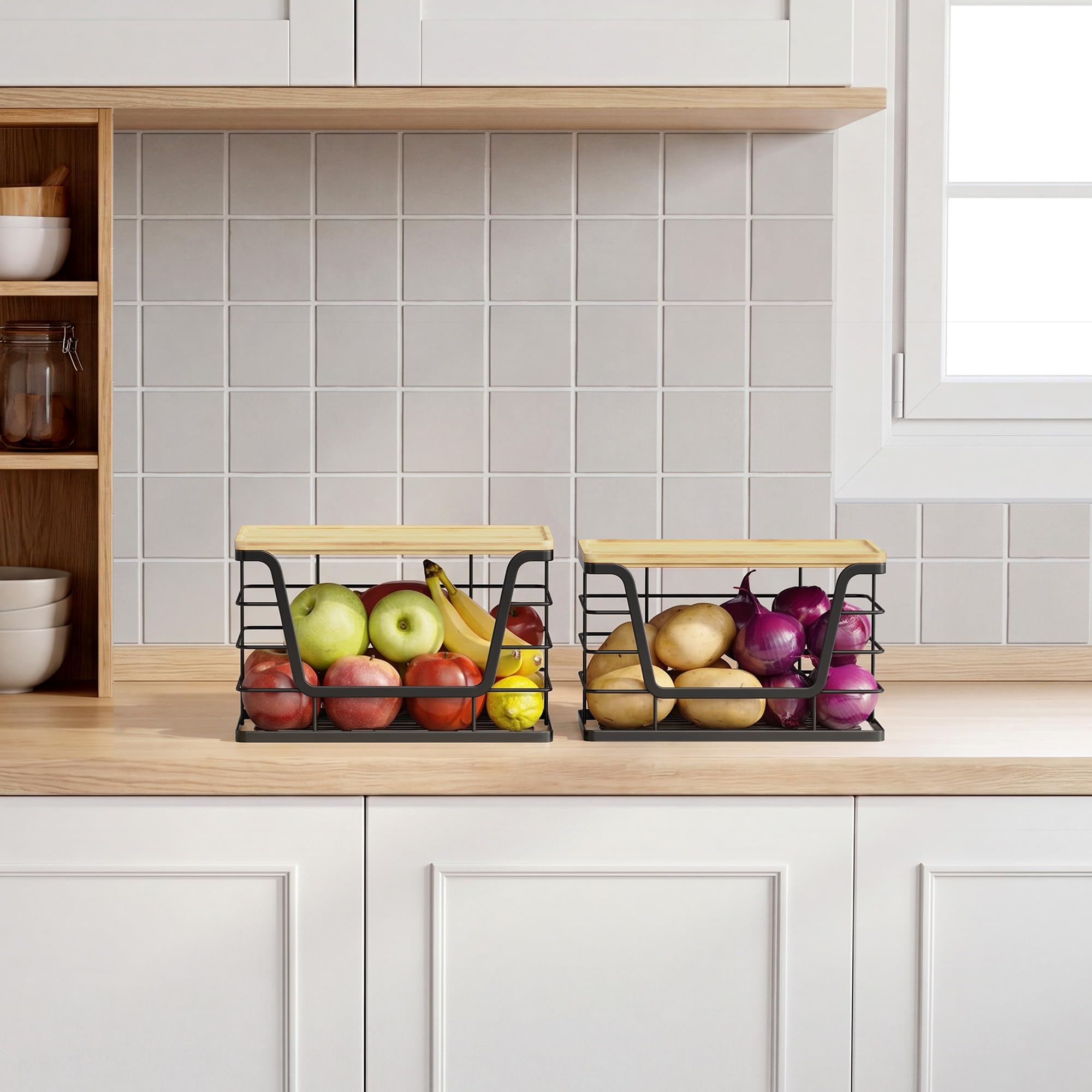 2 Pack Stackable Wire Storage Basket with Bamboo Lid