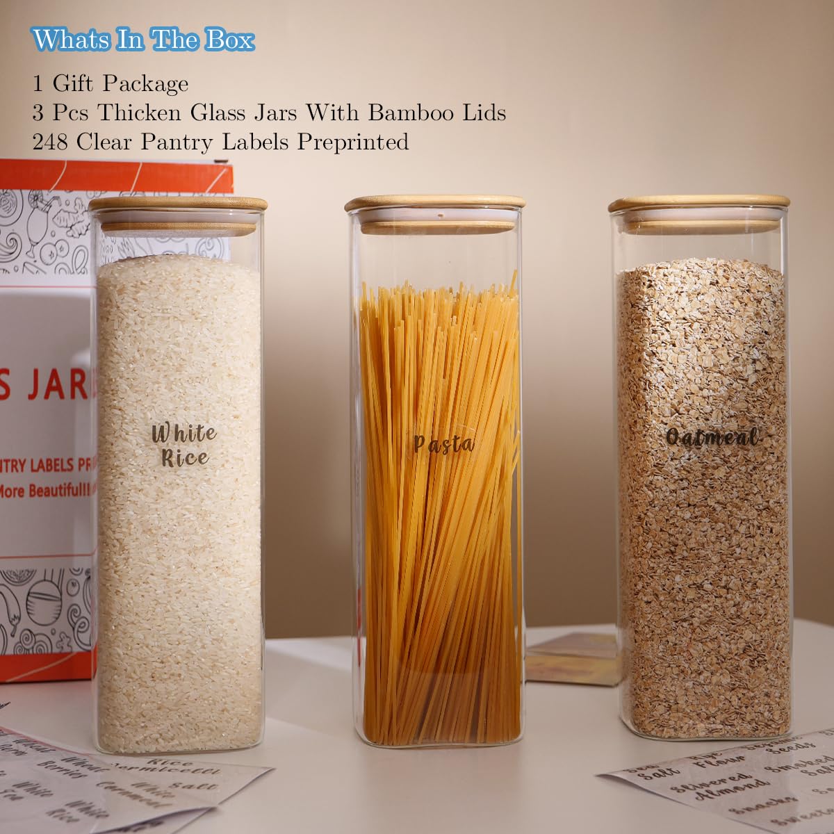 3 Pcs Square Glass Pantry Storage Containers with Bamboo Airtight Lid and 248 Clear Pantry Labels Preprinted