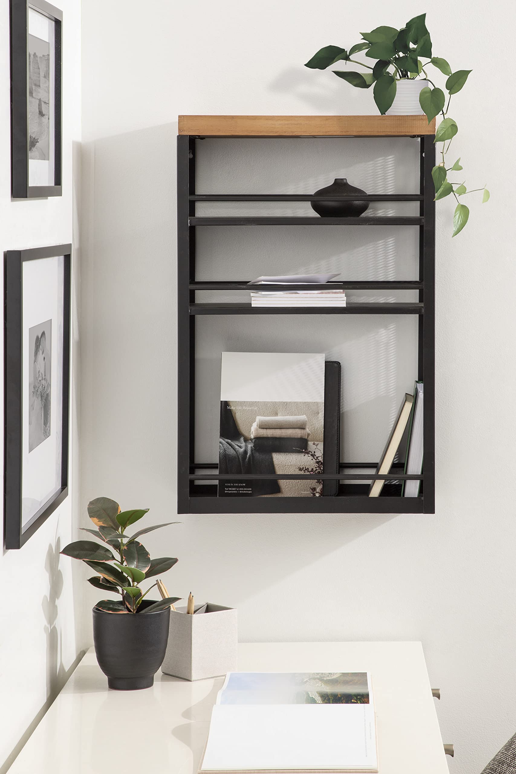 Piazza Decorative Slim Storage Cart; 18 x 7 x 30; Natural Wood and Black; Decorative Narrow Rolling Cart with Locking Wheels and Three Storage Shelves for Kitchen or Laundry Room